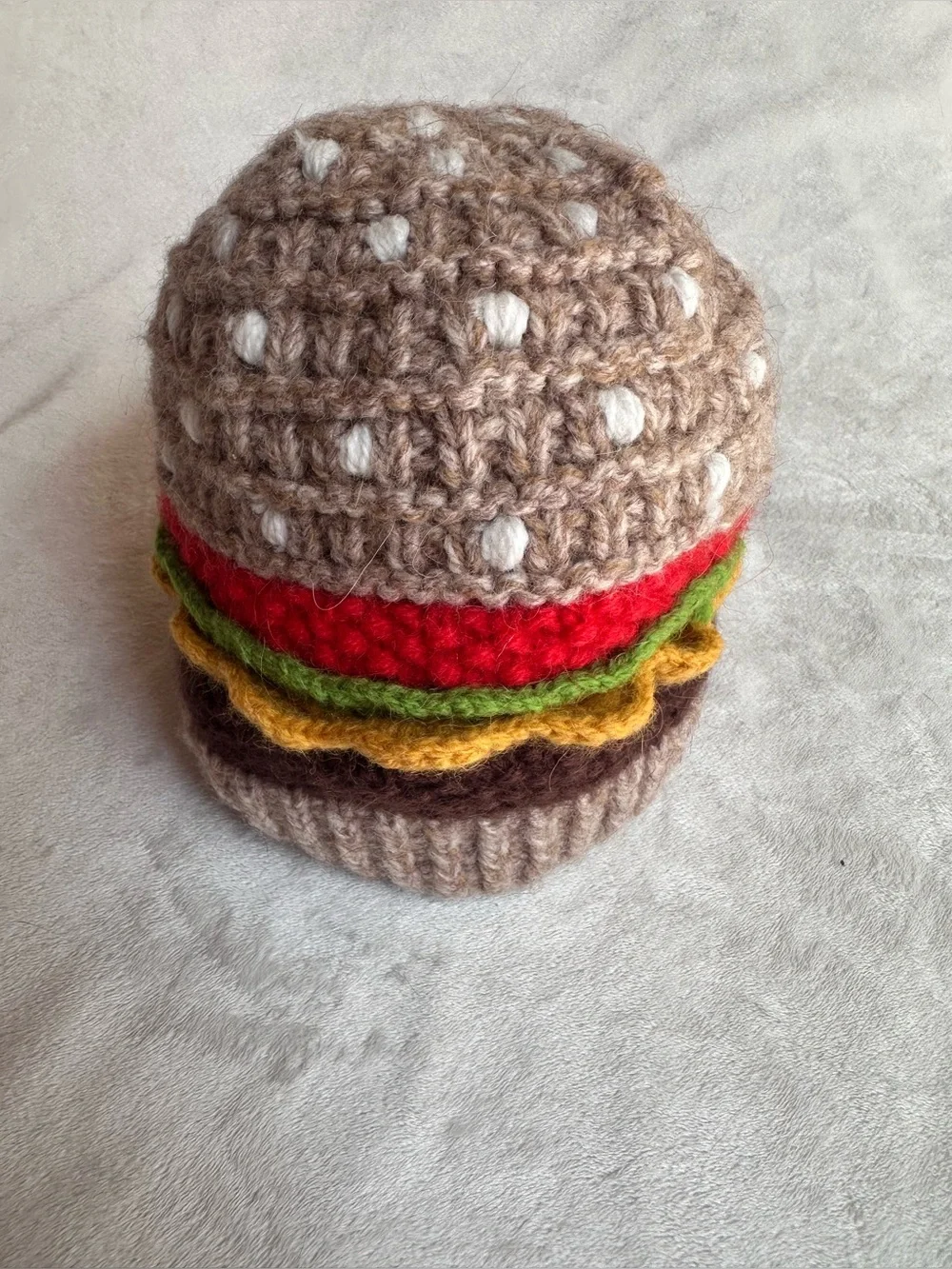 Handmade Kids Beige Hamburger Knit Beanie Hat with Colorful Layers
